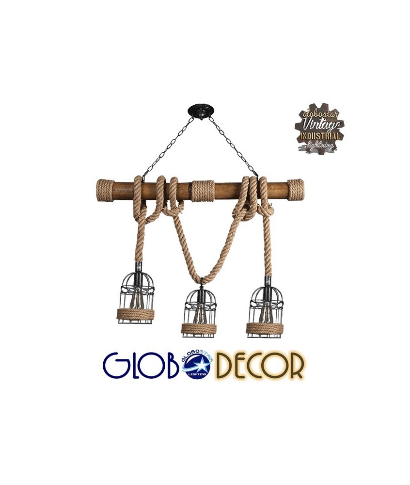 GLOBOSTAR® LILO 01149 Vintage Κρεμαστό Φωτιστικό Οροφής με Ντουί 3 x E27 AC 220-240V IP20 - Καφέ & Μπεζ - Μ80 x Π15 x Υ100cm